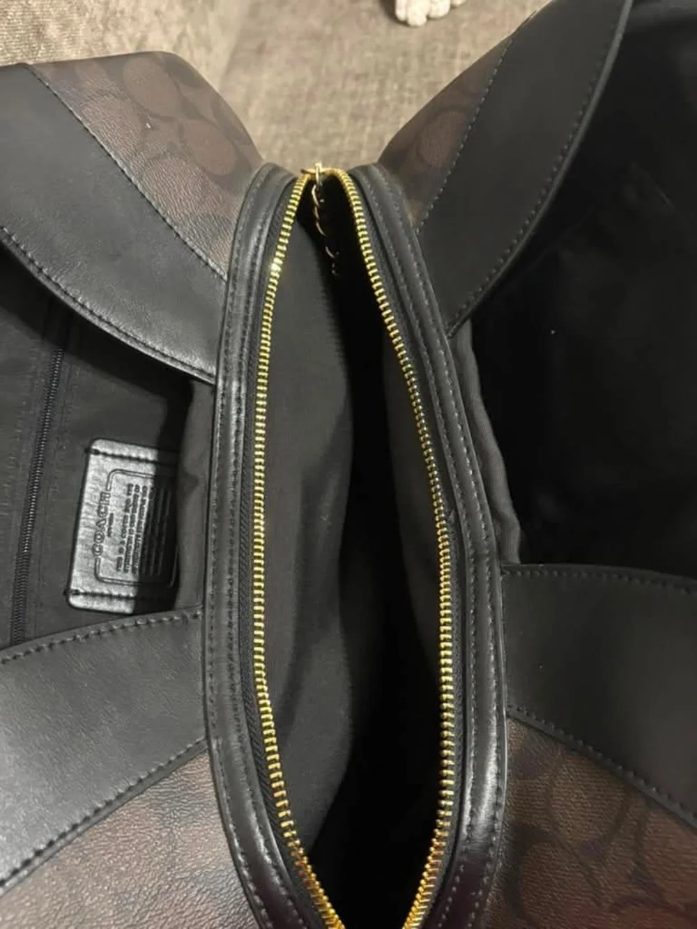 Coach Brown Signature Shoulder Tote with Black Trim and Gold Hardware